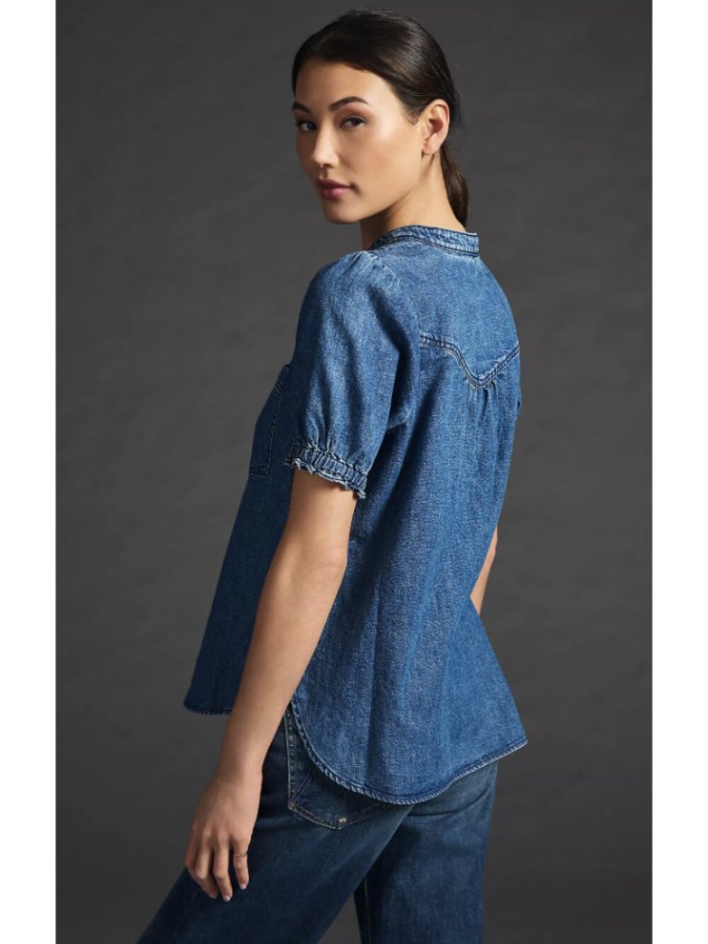 ANTHROPOLOGIE PILCRO Aly Denim Puff-Sleeve Blouse Top Medium Preppy Casual - Picture 2 of 13